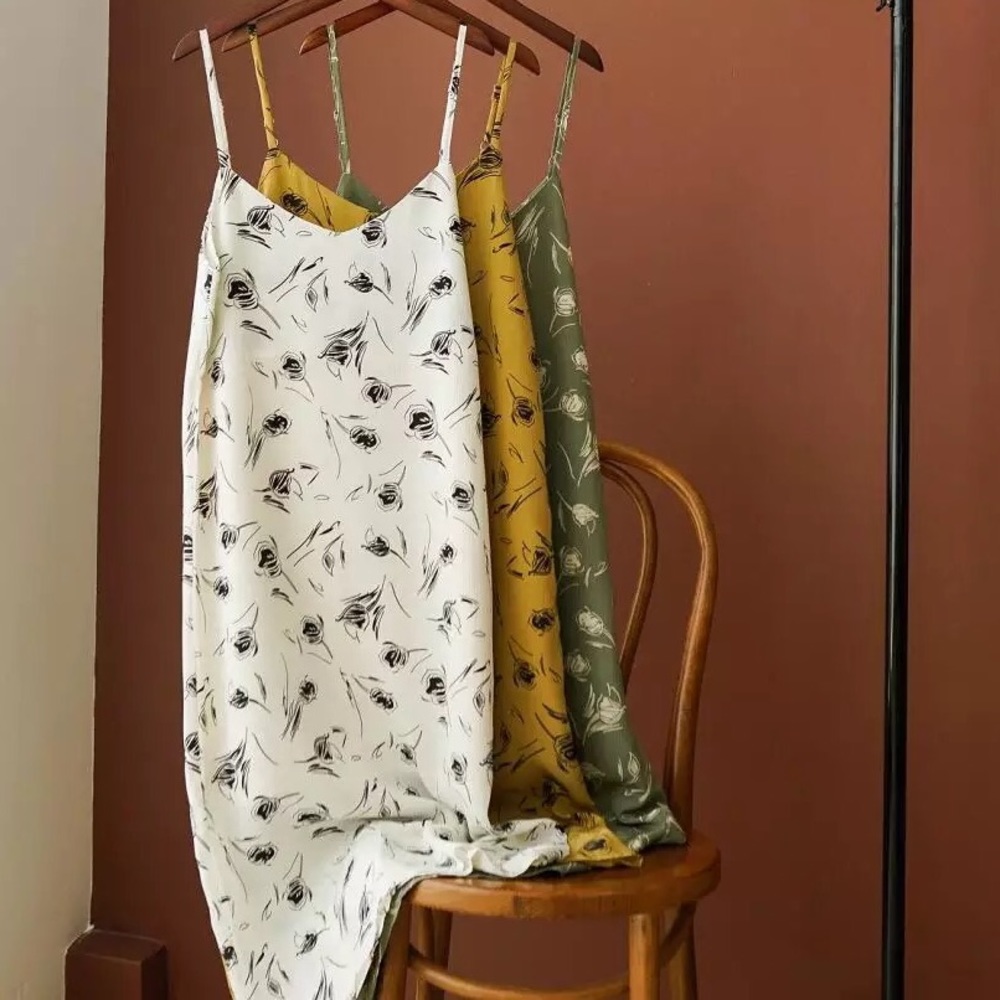 Flower dress print green white sundress midi vacation tank